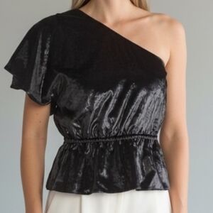 7 For All Mankind One-Shoulder Ruffle Top In Black Shine Size M NWT'S